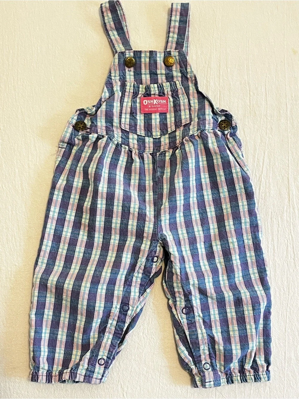Vintage OshKosh B’Gosh 90s Plaid Overalls Baby USA Made Pink Blue Snap Romper